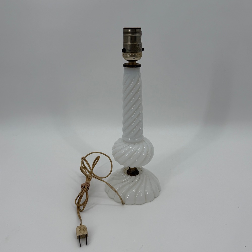 Vintage White Milk Glass Swirl Table Lamp Base Mid Century Scalloped 12.5 Inch